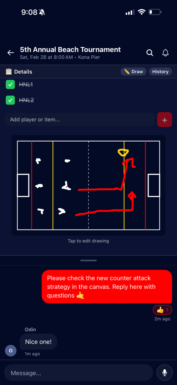 Go Play Polo app strategy canvas with a play drawn on the pool diagram