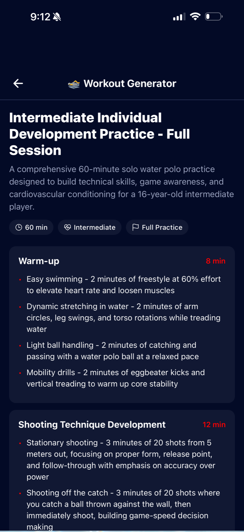 Go Play Polo app workout generator showing a practice plan