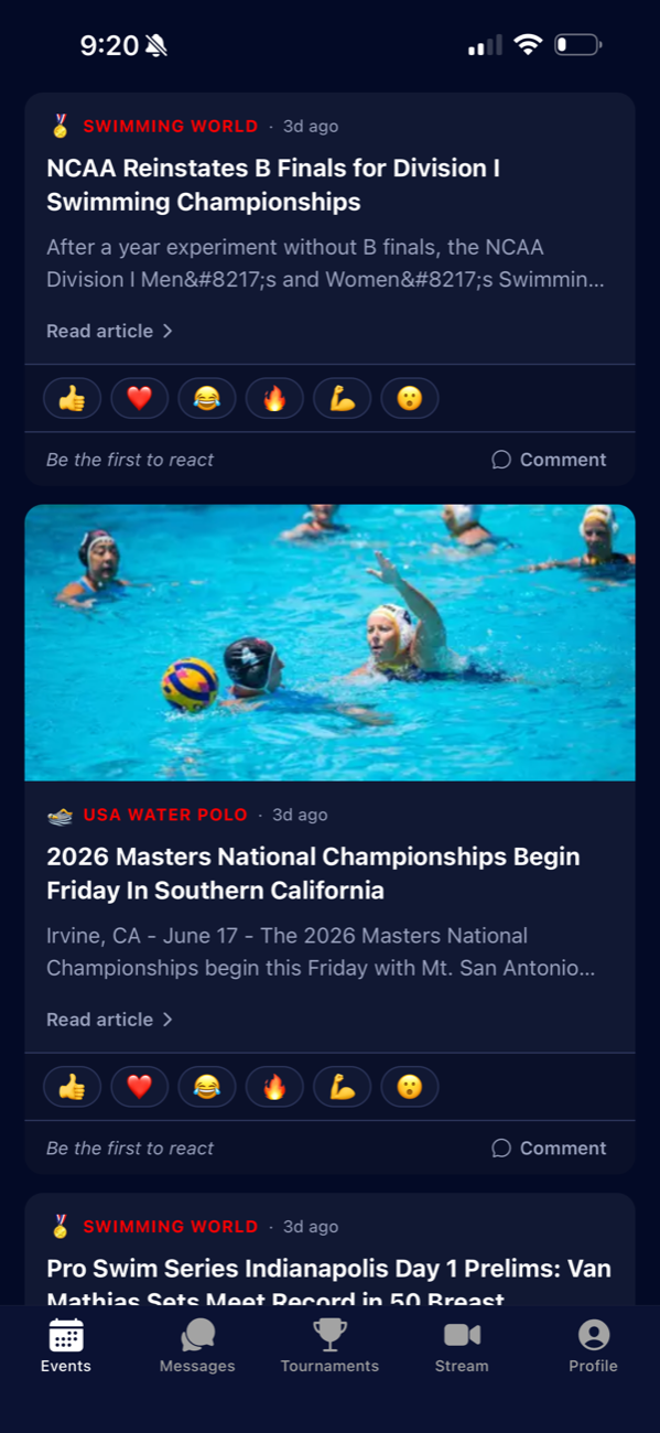 Go Play Polo app news feed with water polo articles